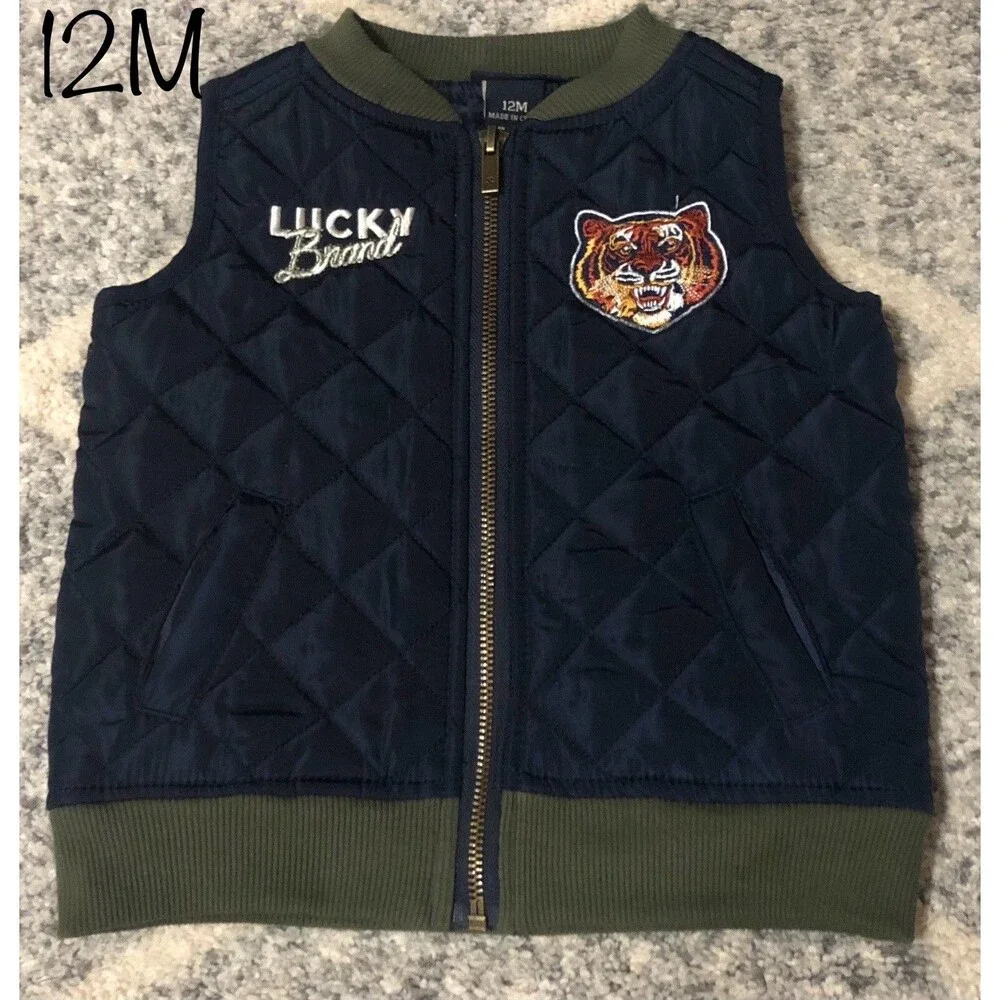 Lucky Brand Baby Boy Quilted Tiger Patch Vest Navy/Olive Size 12M